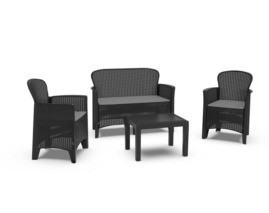 Conjunto de Jardín Jungle Antracita IPAE PROGARDEN (2 Sillones + 1 Sofá Doble + 1 Mesa Auxiliar + 3 Cojines)