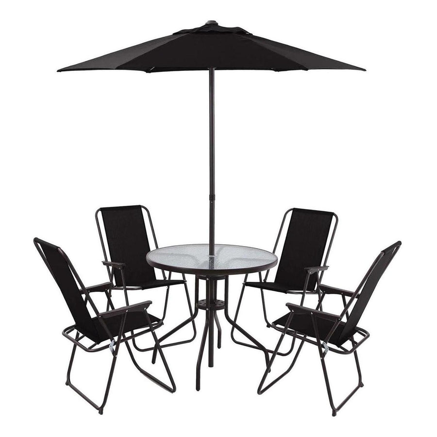 Juego Comedor Terraza Jardín Exterior + 4 Sillas Y Quitasol Metal